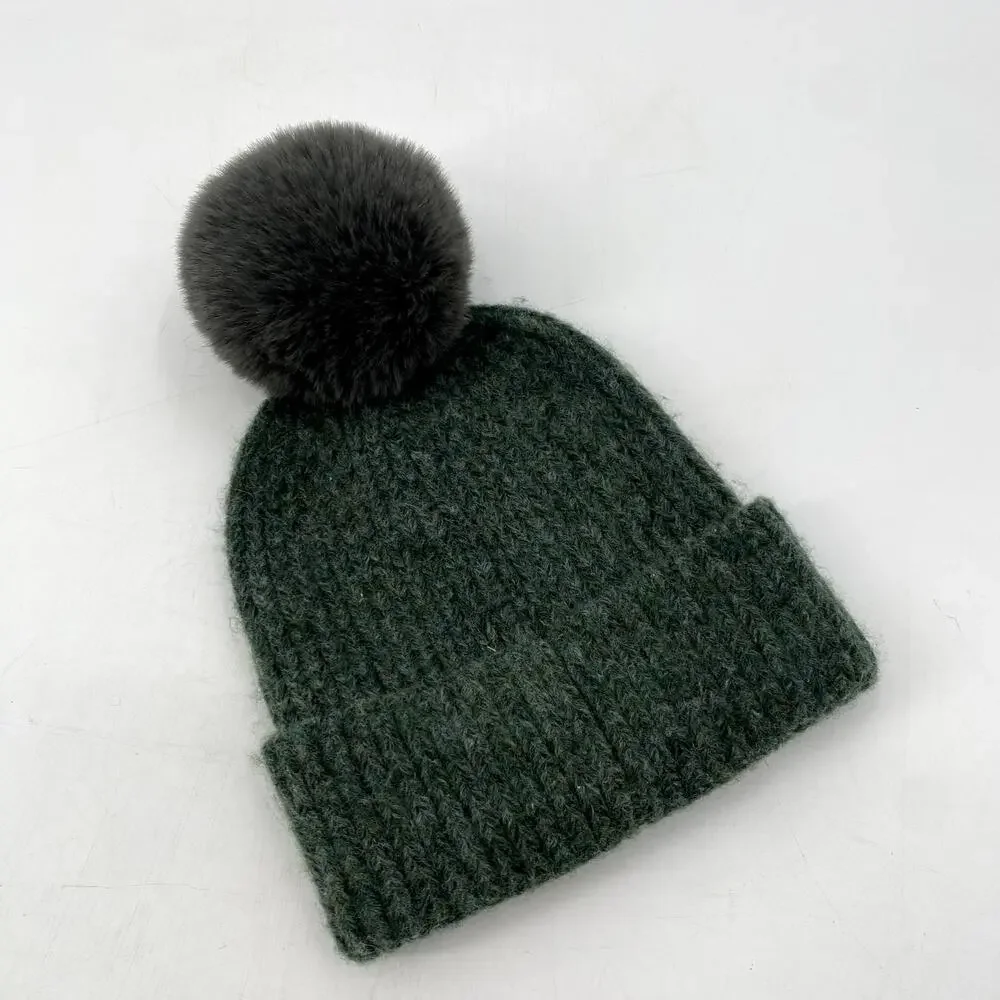 Anthropologie green ribbed pom beanie
